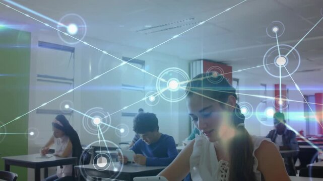 Vertical video: Projector casting HUD network girl with braid using tablet linking class for study