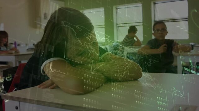 Girl resting while classmates shifting, writing in class, green map overlay appearing over desks