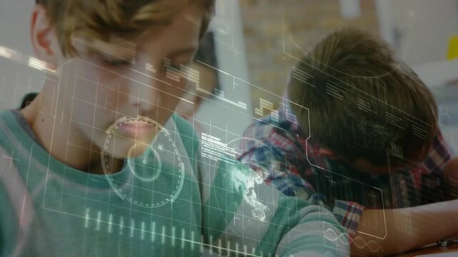 Student in teal sweater shifting as camera closing in, wiring circuit, tech HUD highlighting parts