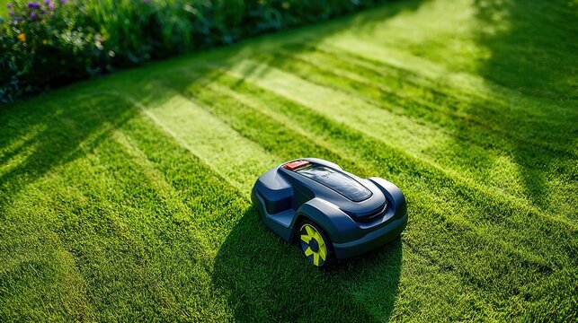 Robotic lawnmower cutting grass in a sunny garden