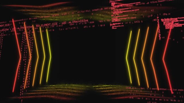 Magenta code appearing neon chevrons pulsing columns cascading floor rippling forming data corridor