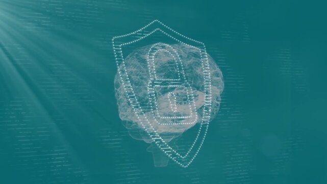 Top-left teal rays initiating 3D brain fading, dotted shield with lock forming, showing security