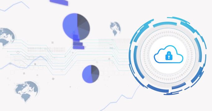 Faint marks starting round cloud HUD appearing right rotating rings charts driving secure data flow