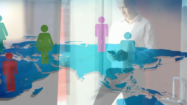 Man tapping phone at window, world map icons appearing, spreading, map fading, suitcase for travel