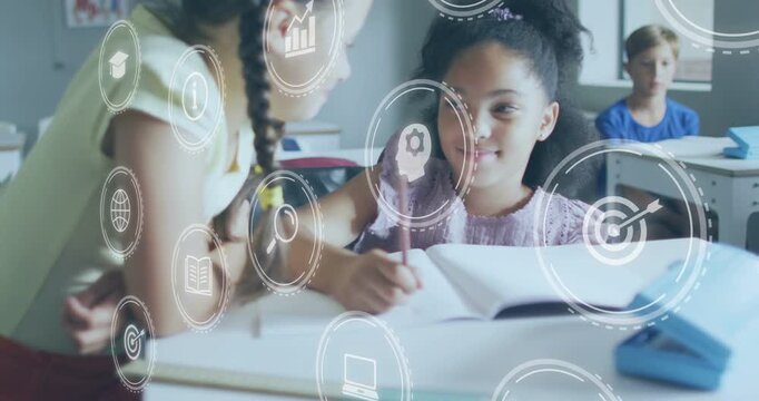 Left girl writing at desk, pencil motion initiating icons drifting over notebook for education