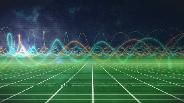 Cyan left flare initiating neon waveform band undulating and pulsing across green grid, evoking CRT