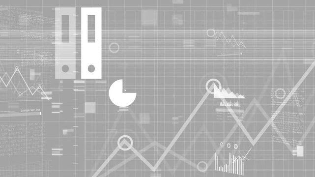 Motion streaks sweeping gray grid data cluster shifting into laptop,bars,pie,area showing dashboard