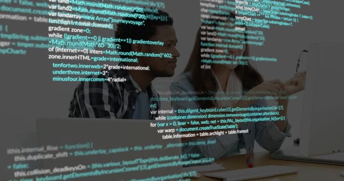 Pair glancing at laptop and leaning, pointing sketch with glasses scrolling code aiding tech design