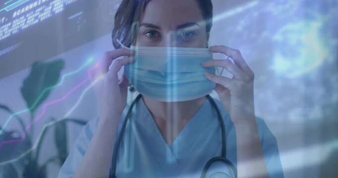 Clinician preparing for exam donning mask raising hooking loops adjusting smoothing gaze with HUD