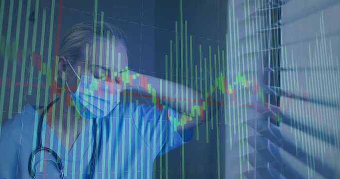 Vertical video: Masked clinician touching temple and blinds, reacting to shifting charts in clinic
