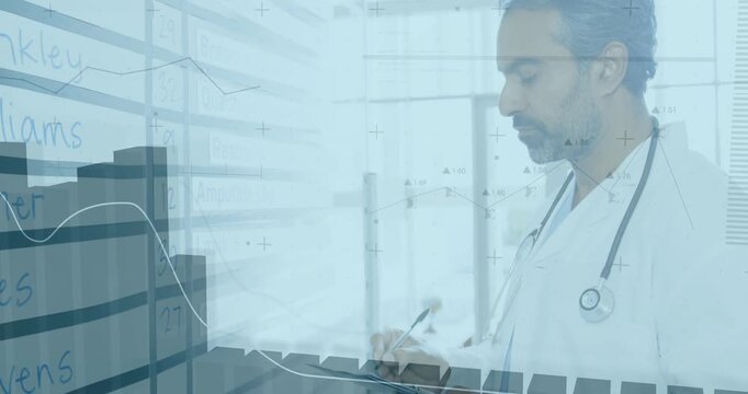Doctor tapping tablet and pointing at medical schedule live charts growing while updating shifts