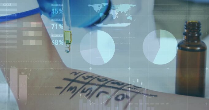 Clinician using pipette applying drops to arm grid for allergy test, HUD charts overlaying forearm