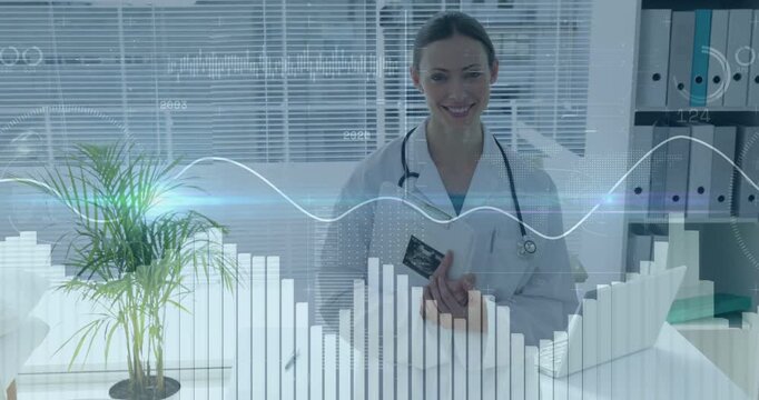 System initiating medical HUD, doctor holding chart, waveform sweeping, bars rising, showing vitals