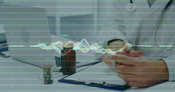 Vertical video: Male doc picking Rx bottle, counting pills, noting health chart, wave hiding hands