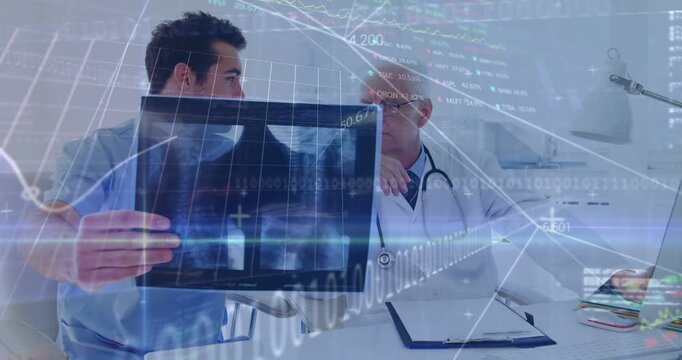 Junior Dr holding, rotating chest Xray during diagnosis senior Dr leaning, digital overlays pulsing