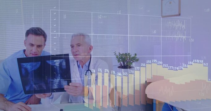 Sr doc reviewing medical X-ray while peer entering, grid overlay animating bar chart for diagnosis