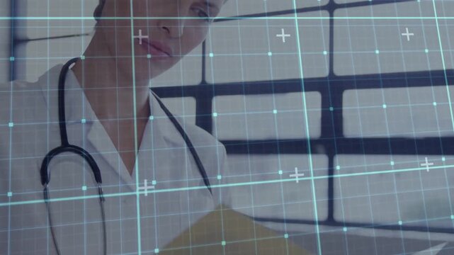 Female Dr flipping manila file, cam pulling back, reading chart for review; HUD overlaying frame