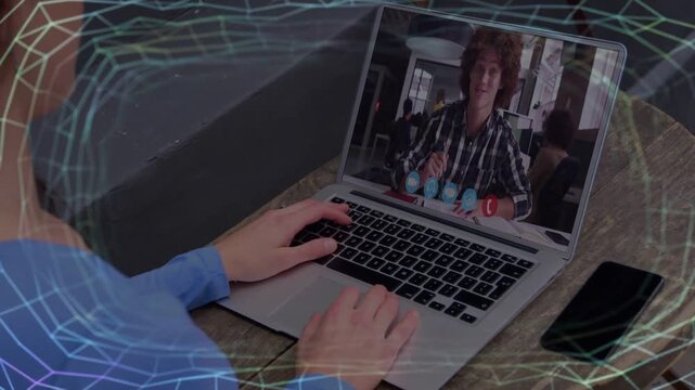 Local user shifting hands while laptop showing remote host nudging tiny eggs wireframe guiding tech