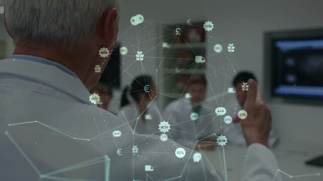 Vertical video: Holo starting sr MD gesturing network for briefing in clinic labcoats, copy space