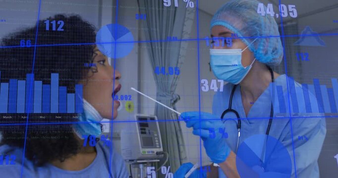 Patient lifting mask then opening mouth, nurse inserting swab for testing, blue charts overlaying