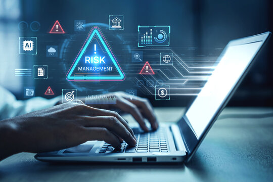 Futuristic risk management featuring AI agents analyzing data, detecting anomalies, and predict financial threats. Represents dynamic risk assessment, compliance, and cyber resilience. Corpus