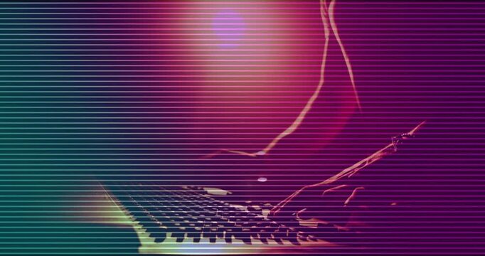 Camera pulling back musician leaning in and playing music on MIDI keys under neon scanlines pulsing