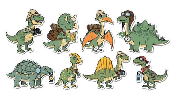 Adorable cartoon dinosaurs dressed as intrepid explorers, equipped with safari gear and ready for adventure.