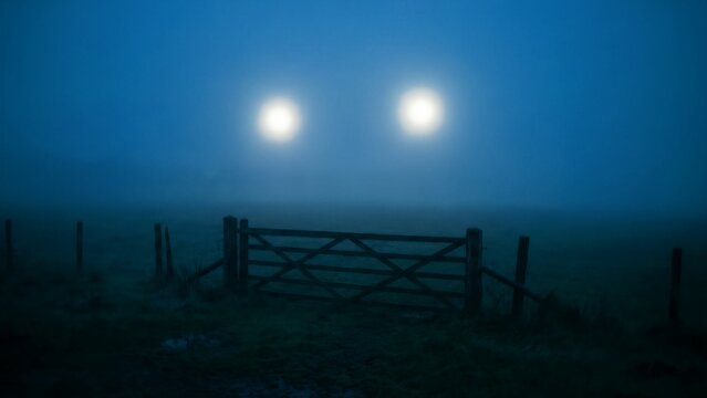 Eerie blue night scene featuring bright twin headlights piercing through thick fog over a dark wooden farm gate and field boundary.
