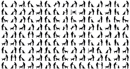 Fototapeta premium Dog Training Silhouettes Set Pack. Editable Vector Stroke Illustration. featuring person, people, human, woman, man, girl, boy, child, adult, trainer, owner, dog, pet, animal, canine, puppy more