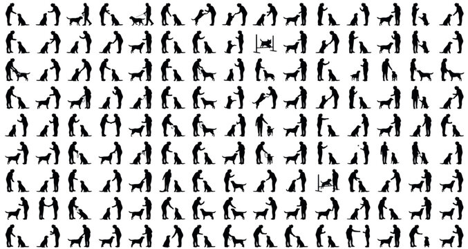 Dog Training Silhouettes Set Pack. Editable Vector Stroke Illustration. featuring person, people, human, woman, man, girl, boy, child, adult, trainer, owner, dog, pet, animal, canine, puppy more