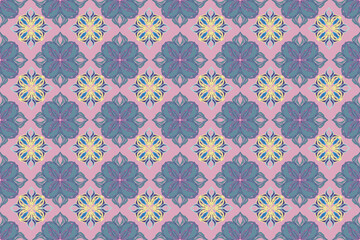 Fototapeta premium Seamless floral geometric pattern with decorative ornamental flowers in pastel pink, blue, and yellow tones. Elegant repeating design ideal for fabric, wallpaper, packaging, and surface pattern design