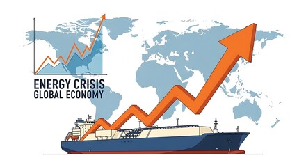 Energy Crisis Global Economy Upward Trend Arrow Over Ship and World Map.