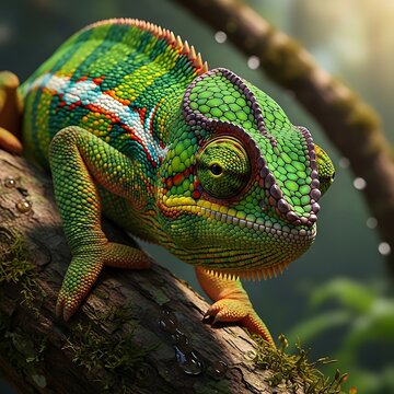 Colorful chameleon on branch green.
