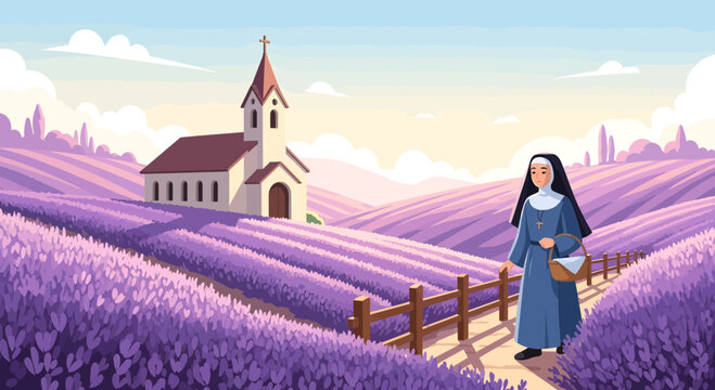 A nun in a blue habit walking through a lavender field.