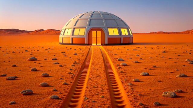 Dome structure stands alone in the orange landscape under the setting sun on Mars