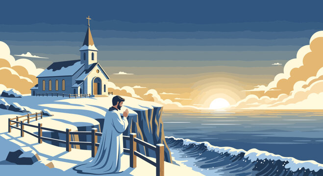 Man in white robe praying by the sea.