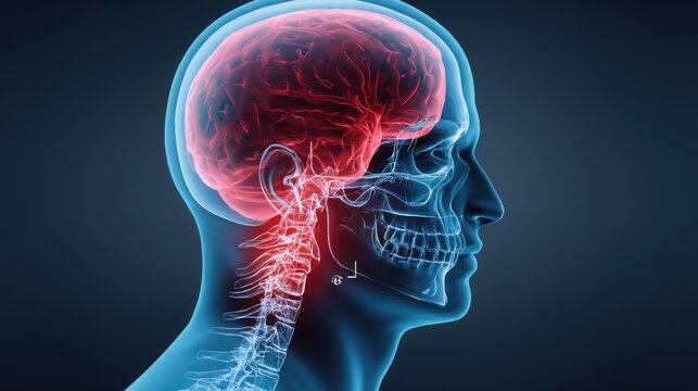Anatomical illustration of the human brain and skull in a medical visualization