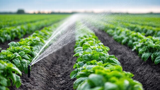 Irrigation system watering crops in a field