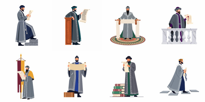 Flat Vector Illustrations of Medieval Scribes and Scholars with Scrolls and Books in Various Poses for Historical and Educational Projects
