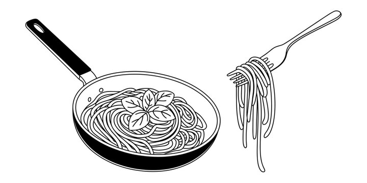 A black and white line art illustration of spaghetti in a frying pan and being twirled on a fork Vector, illustration