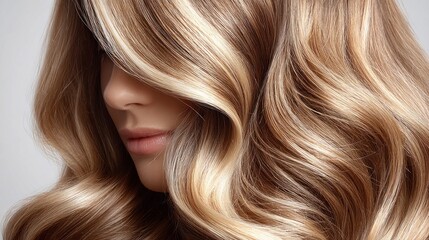 Naklejka premium Beautiful blonde hair with highlights, styled in soft waves, close-up view