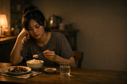 Late Night Eating Alone Asian Woman at Home Tired Mood Quiet Emotional Lifestyle Scene