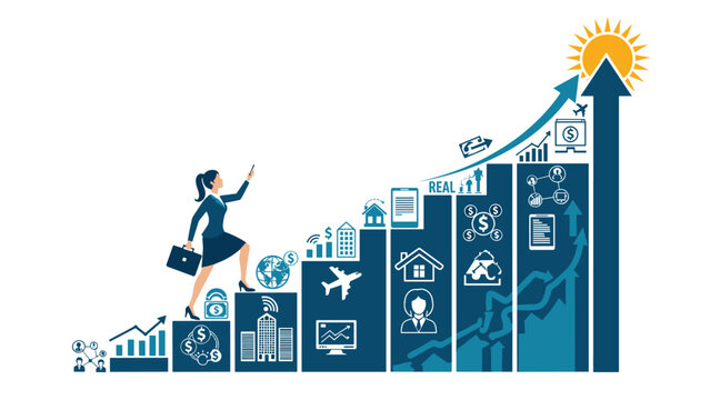 Ambitious businesswoman walks up a series of rising bar graph columns toward a glowing sun symbolizing high goals.