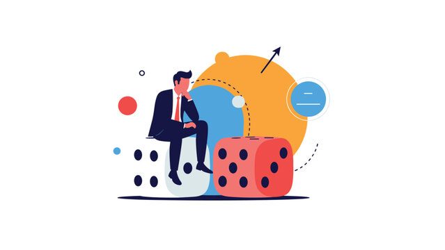 Pensive businessman sits on a large white die and leans against a red one while reflecting on a complex problem.