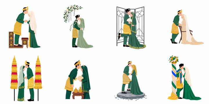 Flat Vector Illustrations of a Malay Couple in Traditional Green Wedding Attire Showcasing Various Romantic Poses and Cultural Ceremonies