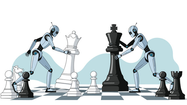 Advanced humanoid robots play a strategic game of chess with large black and white pieces on a giant checkered game board.