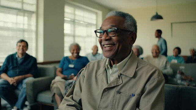 Senior man smiling during conversation in community lounge with relaxed social environment. Active aging concept