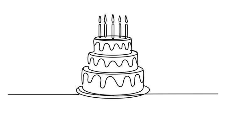 A continuous one line drawing of a tiered birthday cake with five lit candles on the top level Vector, illustration