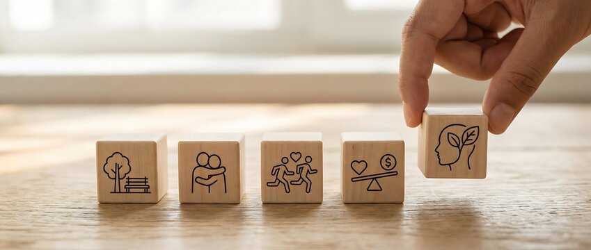Hand places a wooden block with a head and leaves icon, symbolizing mental wellness, onto a row of various lifestyle concepts.