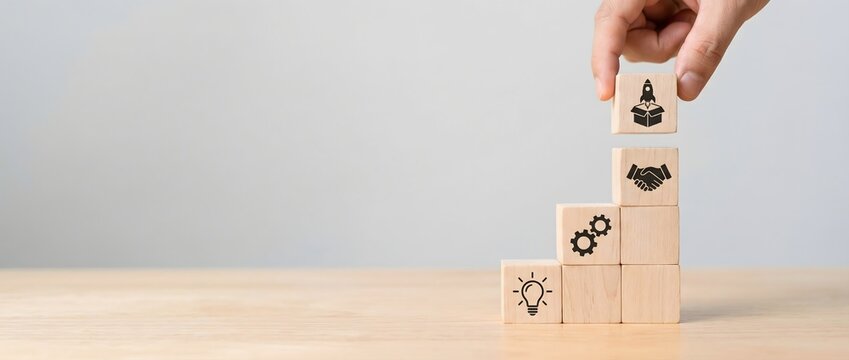 Human hand places a rocket icon block atop an ascending staircase of wooden cubes symbolizing idea generation, process, and partnership.